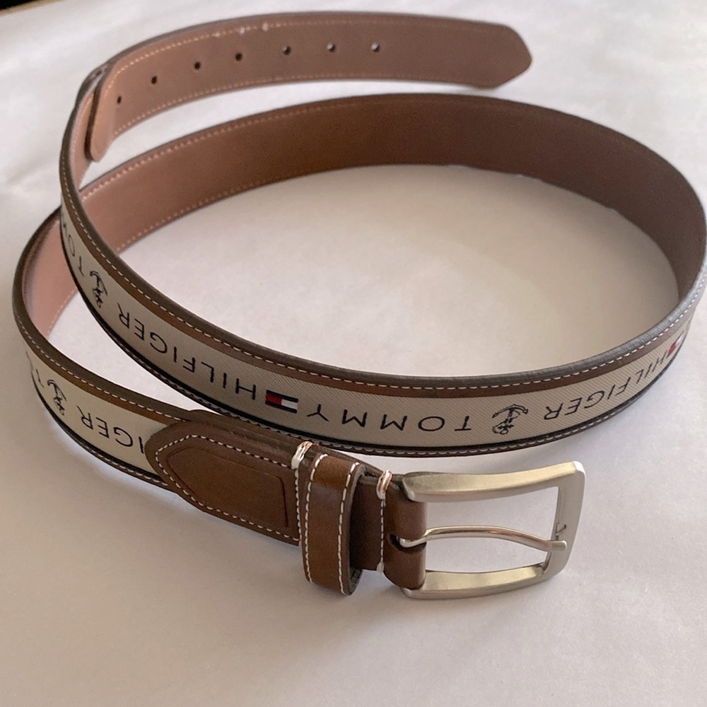TOMMY HILFIGER Men's Brown Leather Belt Ribbon Logo Contrast Stitching Casual L